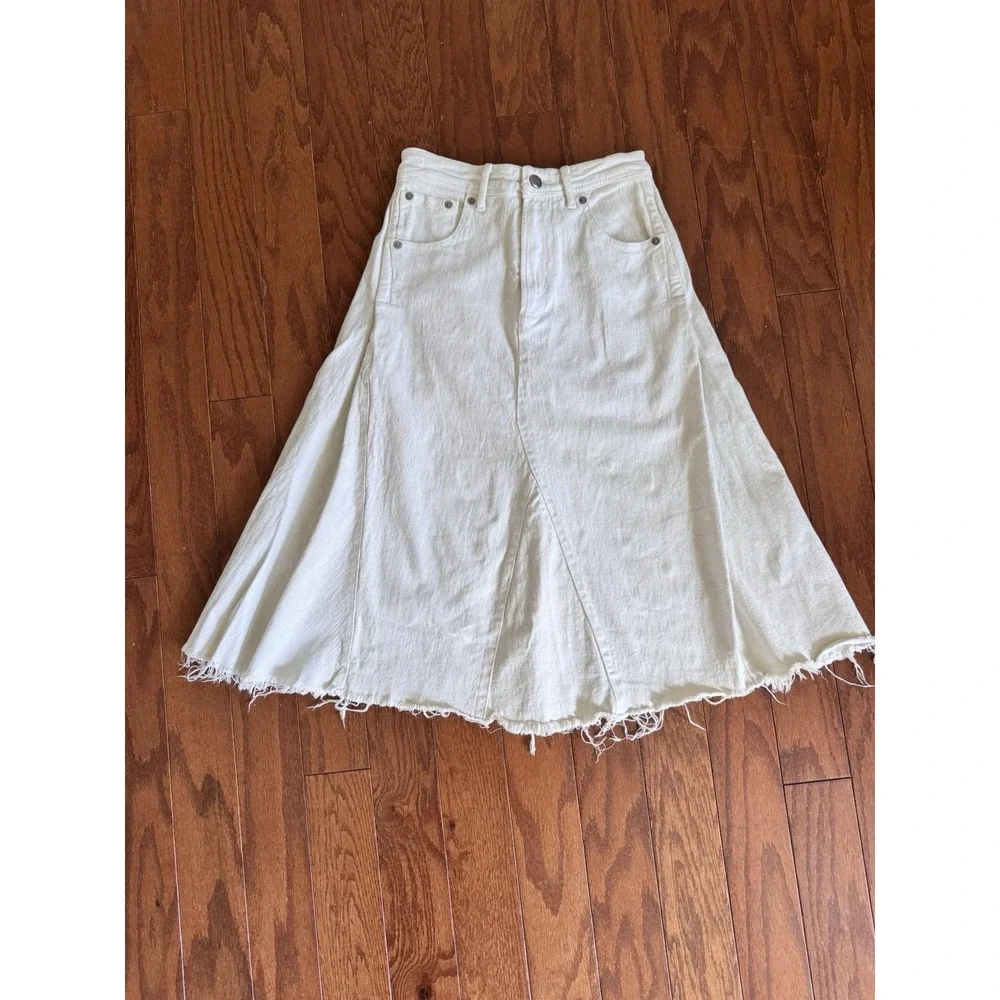 Free People One Boho Raw Hem Denim A-Line Midi Skirt Ivory Size 2